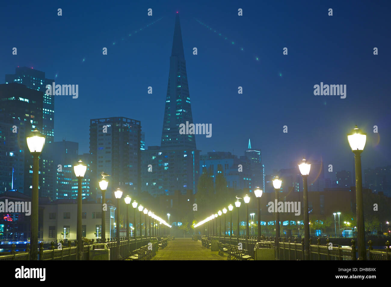 Optical Illusion, Transamerica Building, San Francisco at Dawn or Dirt on the Lens. Stock Photo