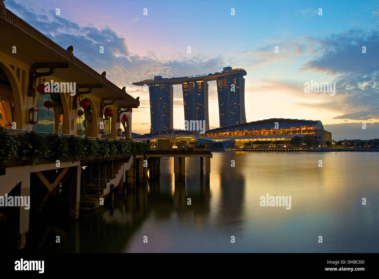 Dawn by The Fullerton Bay Hotel, Singapore. Stock Photo