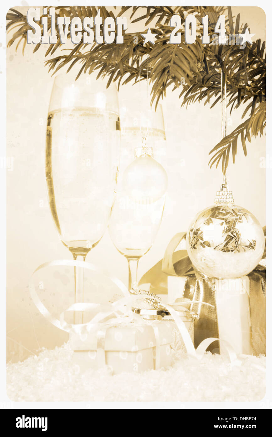 Postcard - champagne glass, gift, christmas, tree with ball, illustration Stock Photo