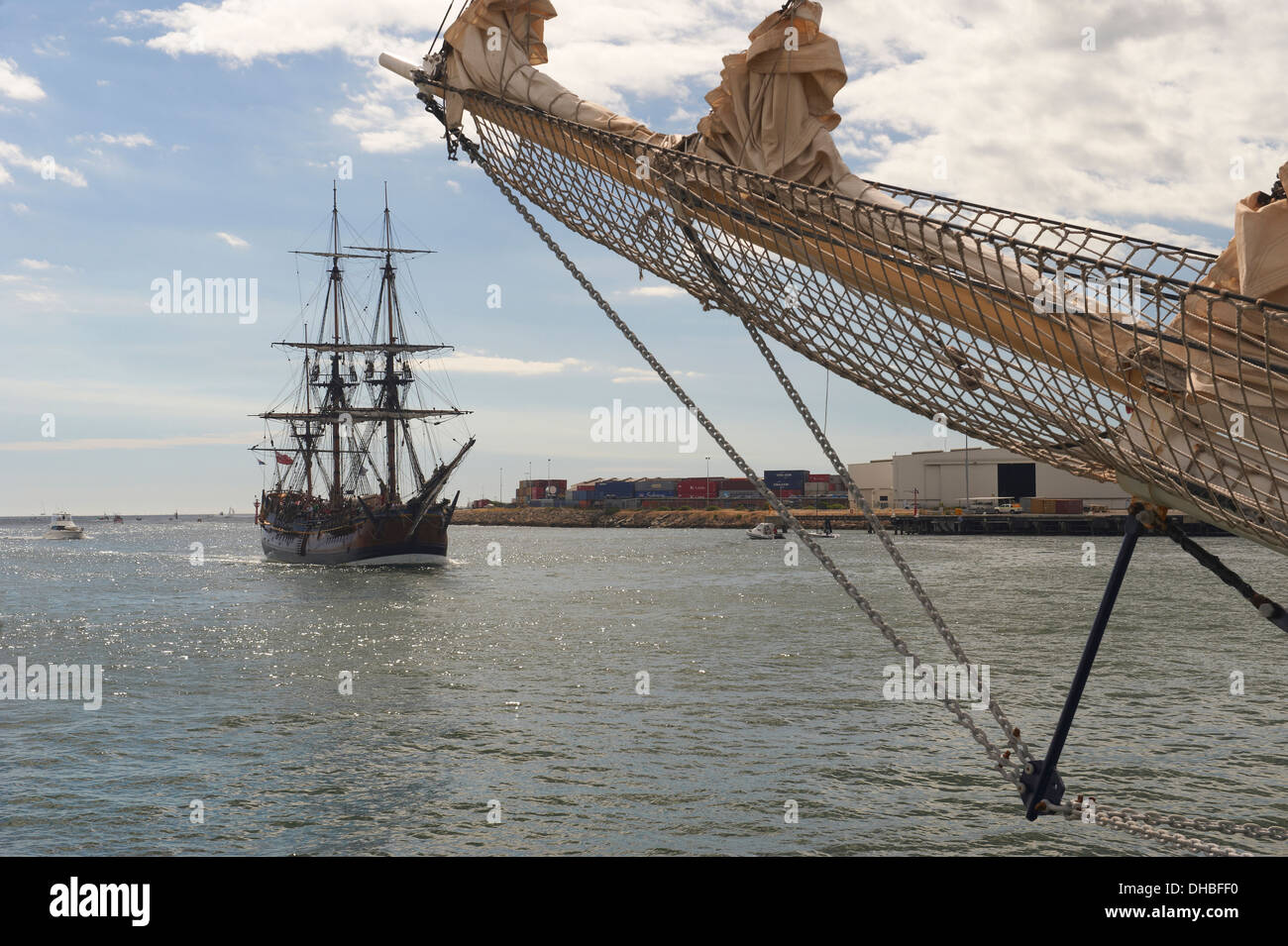 A Replica of Captain cooks square rigged Ship Endeavour in Fremantle Harbour Western Australia Stock Photo