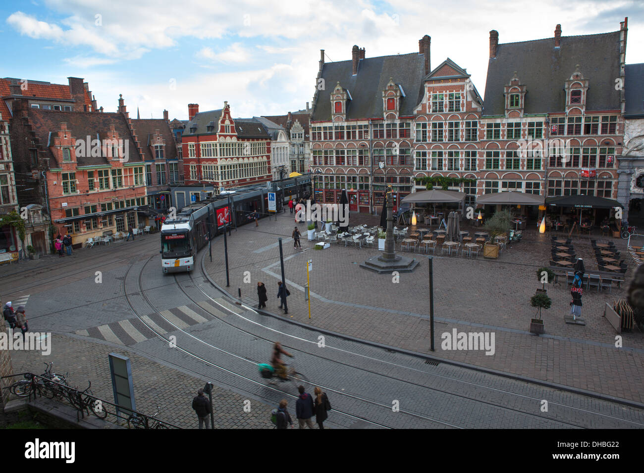 A tram departs Sint Veerplein, Gent, in Flanders, Belgium Stock Photo