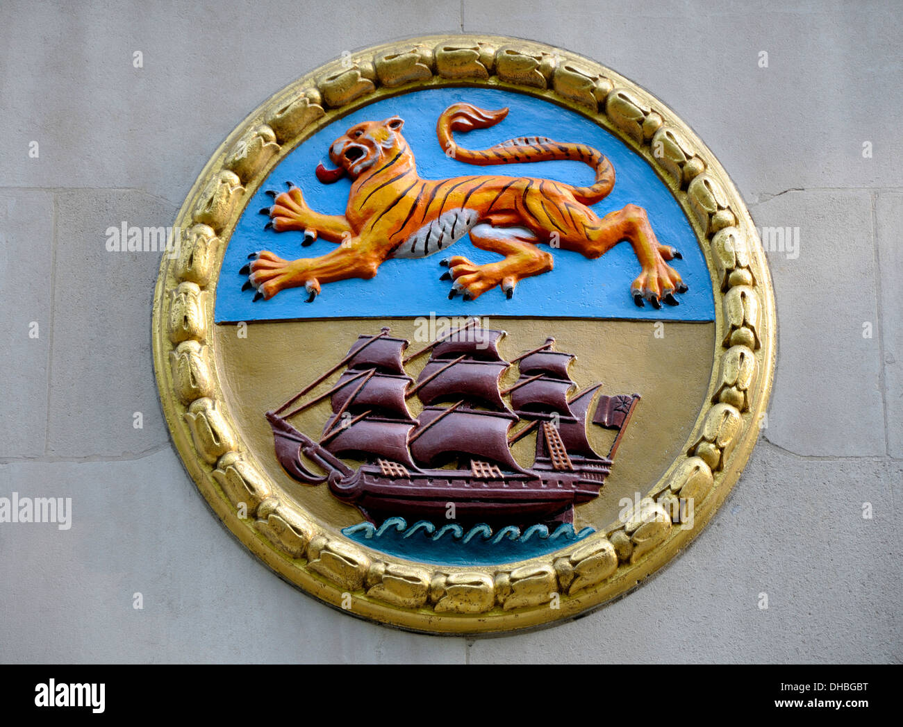 London, England, UK. India House, Indian High Commission in the Aldwich. Facade detail - tiger and ship Stock Photo