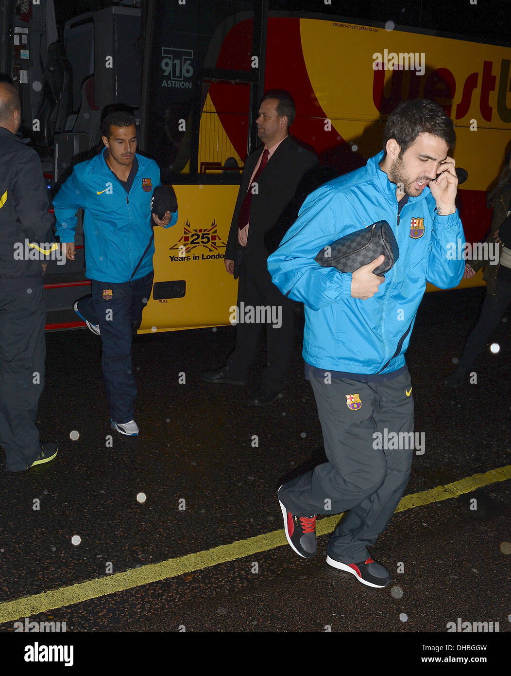 Cesc Fabregas and Pedro Rodriguez Ledesma FC Barcelona players arrive back at their London hotel after a training session ahead Stock Photo