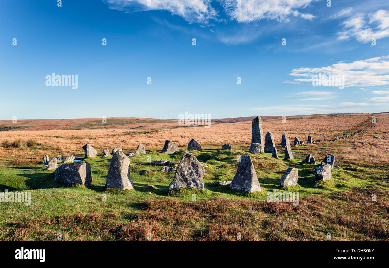 Stone Circle and Stone Row alignment at Down Tor on Dartmoor also known as Hingston Hill Stock Photo