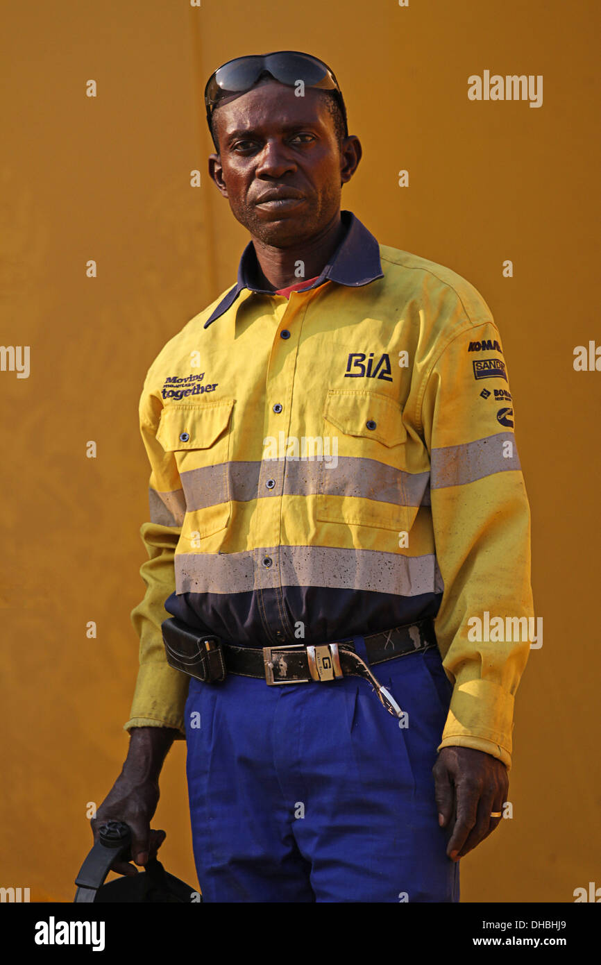 Portrait of Zambian mining welder Hard working man with welders hat. Stock Photo