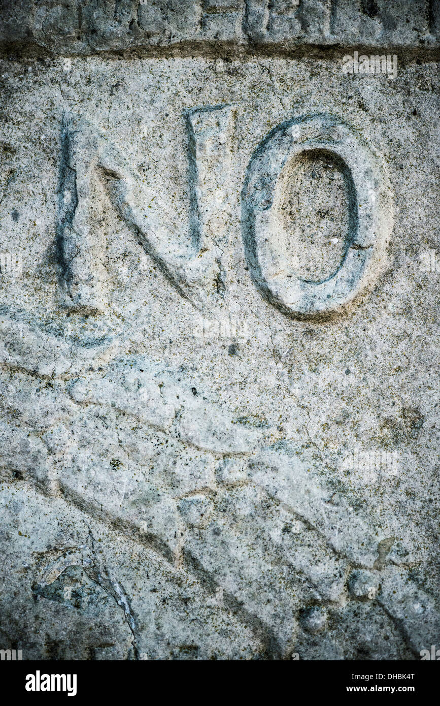 Close up of text on ancient tomb, Sweden Stock Photo
