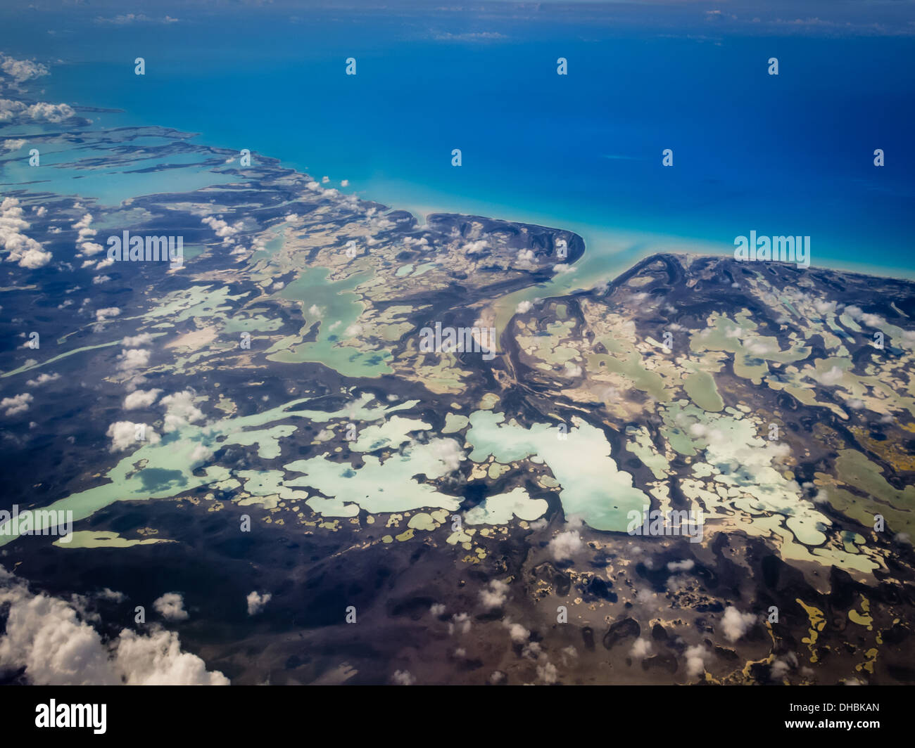 Aerial view of Bahamas lagoons and coast in marbleized pattern Stock Photo