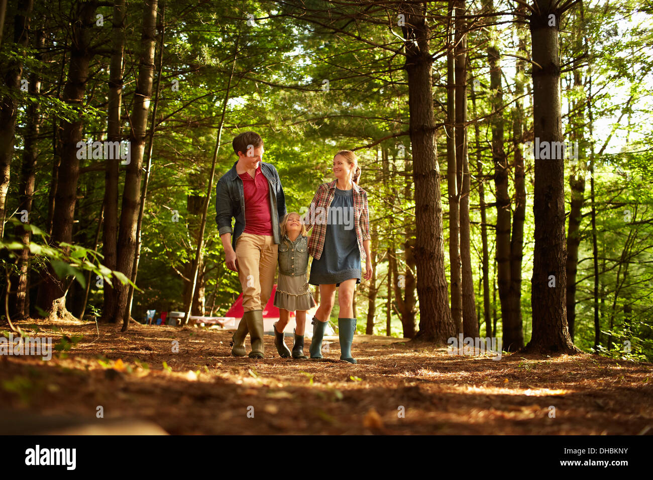 Three people, a family walking in woodland in the late afternoon. Stock Photo