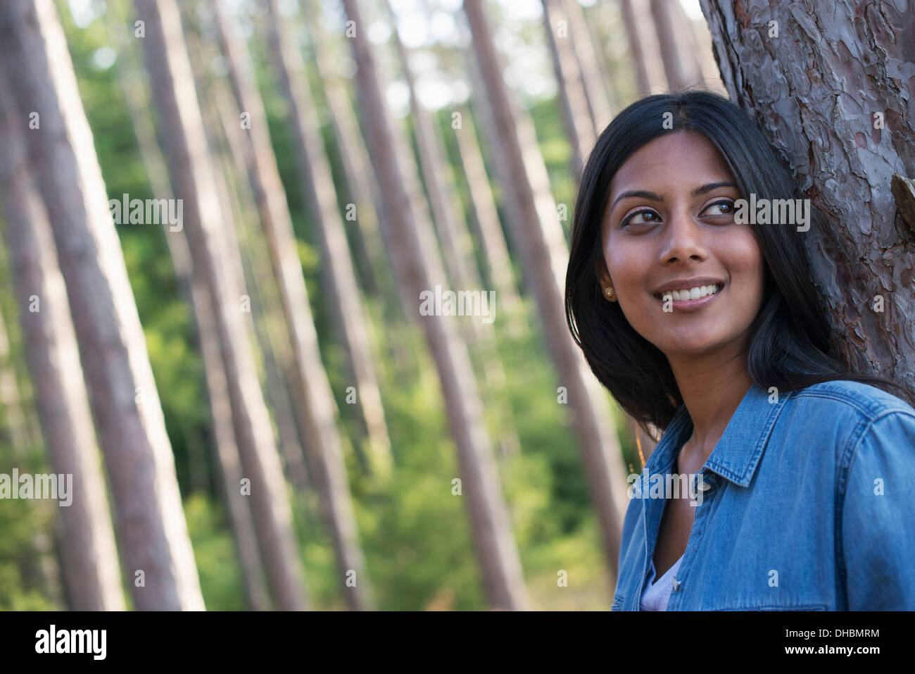 Trees on the shores of a lake. A woman standing in the shade. Stock Photo