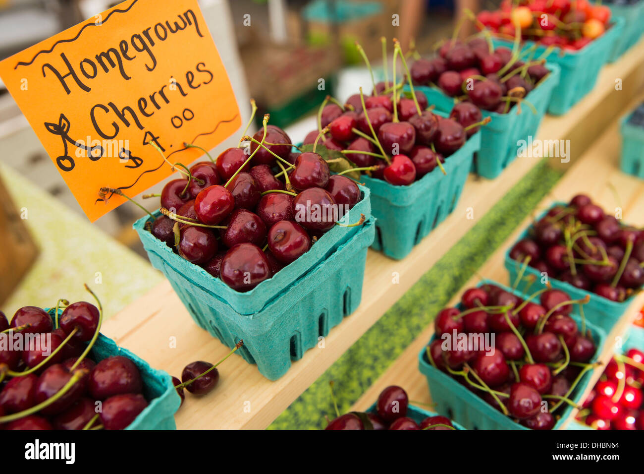 Farm stand with punnets of blueberries and rapsberries for sale, fresh organic fruit. Stock Photo