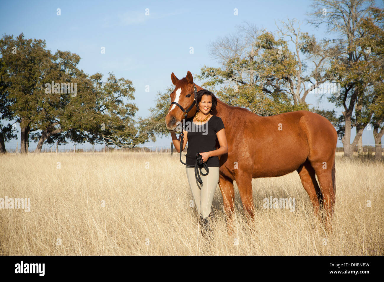 A woman leading a horse on the halter through the long grass in a field. Stock Photo