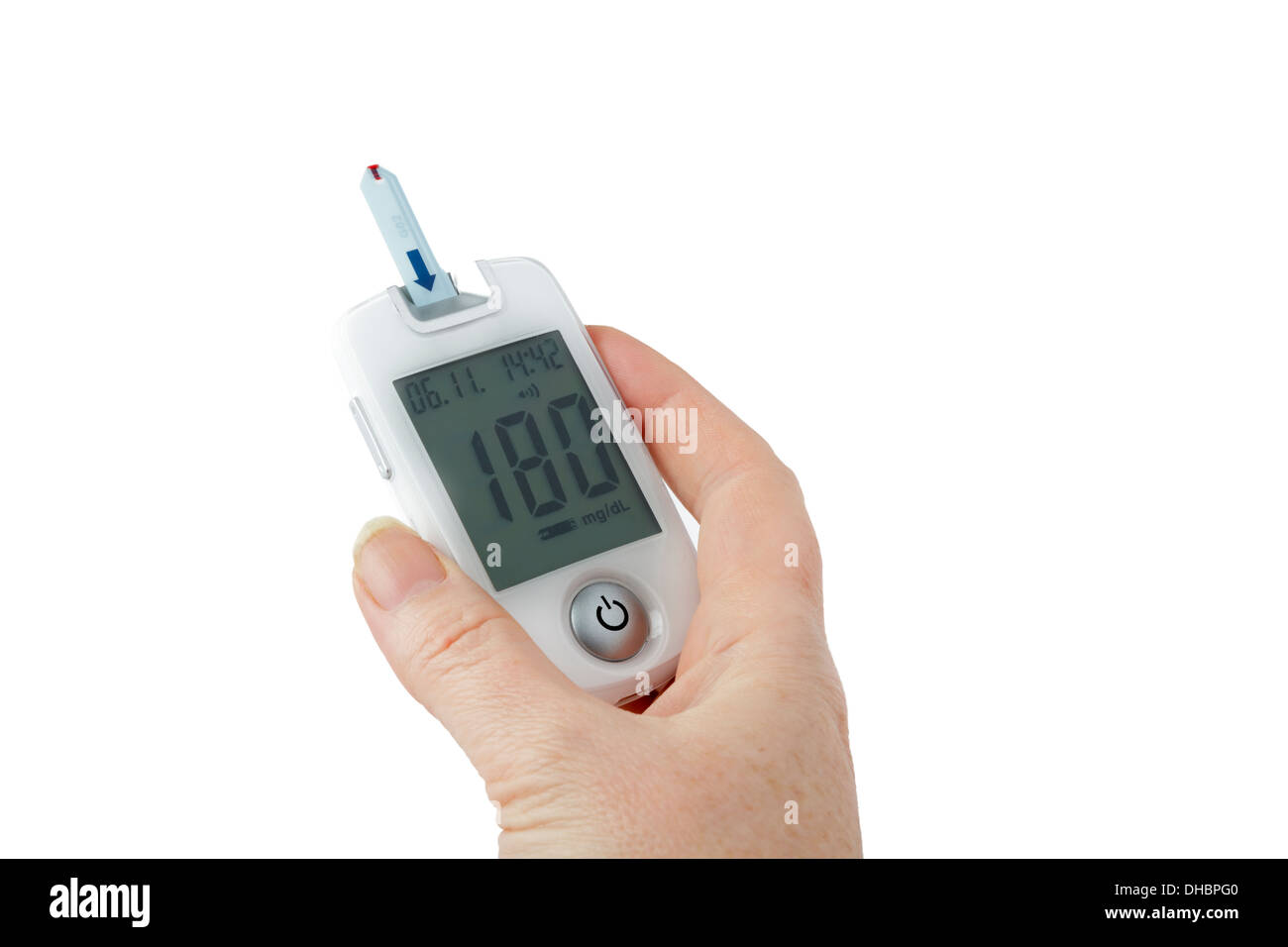 Diabetic blood glucose test with high reading Stock Photo Alamy