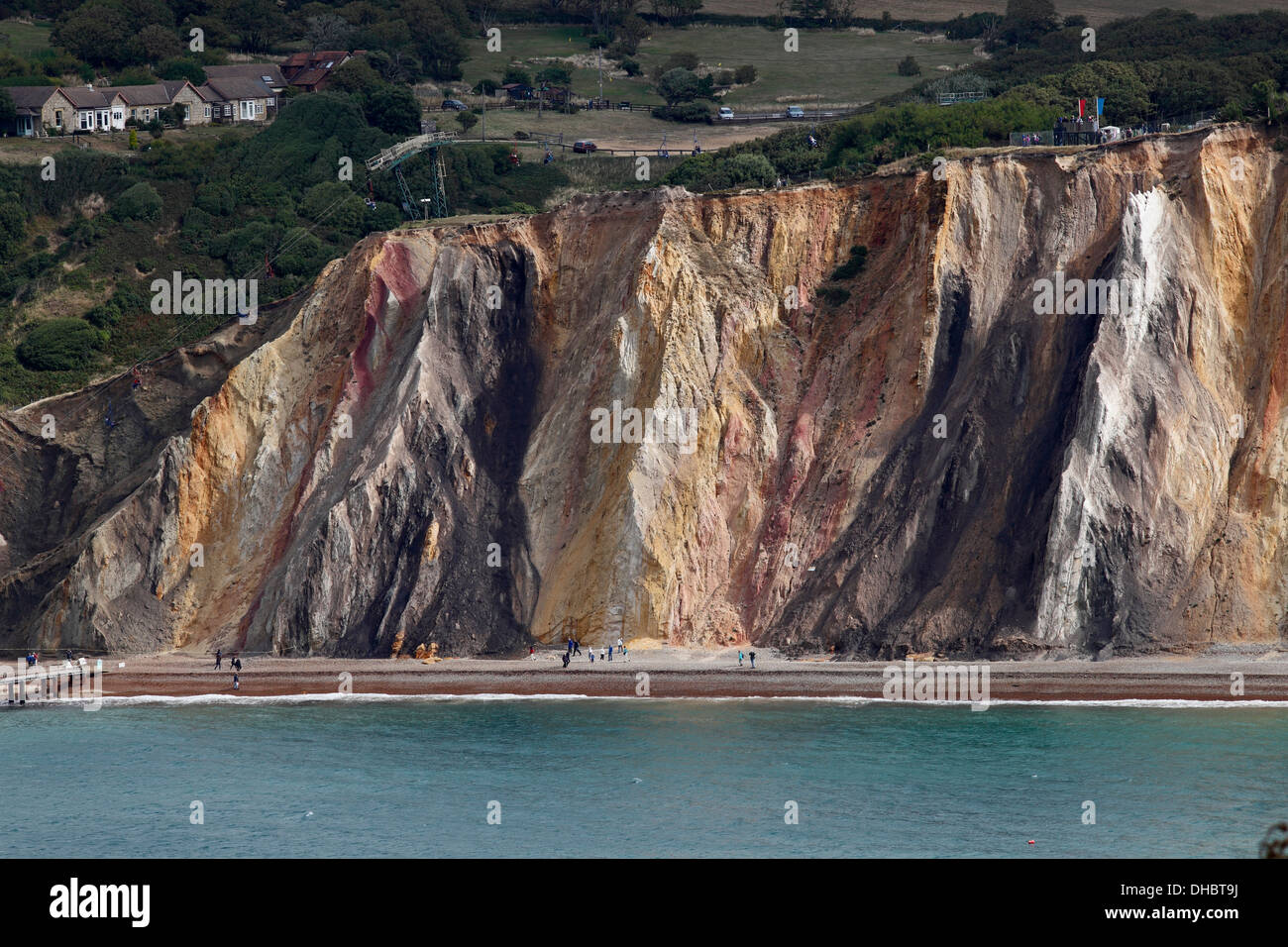 View of coloured sand cliffs Alum bay Isle of Wight Hampshire England Stock Photo