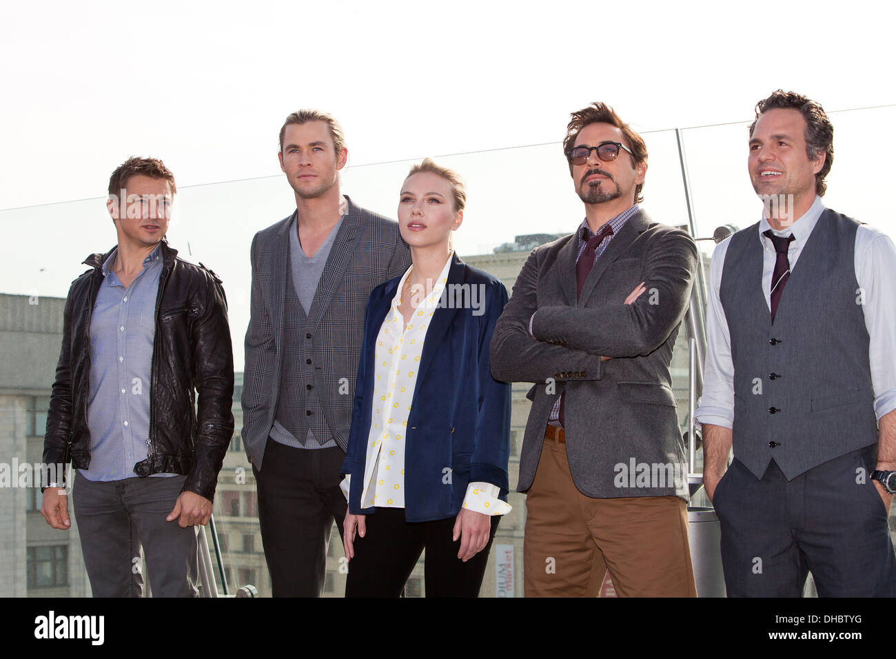Jeremy Renner Chris Hemsworth Scarlett Johansson Robert Downey Jr Mark  Ruffalo and Tom Hiddleston 'The Avengers' Photocall in Stock Photo - Alamy, image size:1300x956