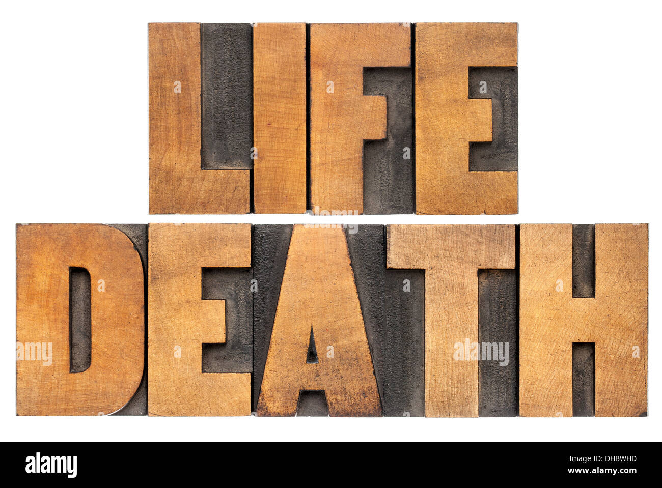 life and death isolated words in vintage letterpress wood type Stock ...