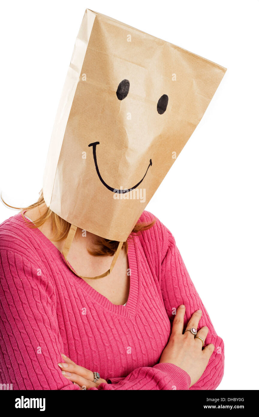 woman with a bag on her head, a smile drawn on it Stock Photo - Alamy