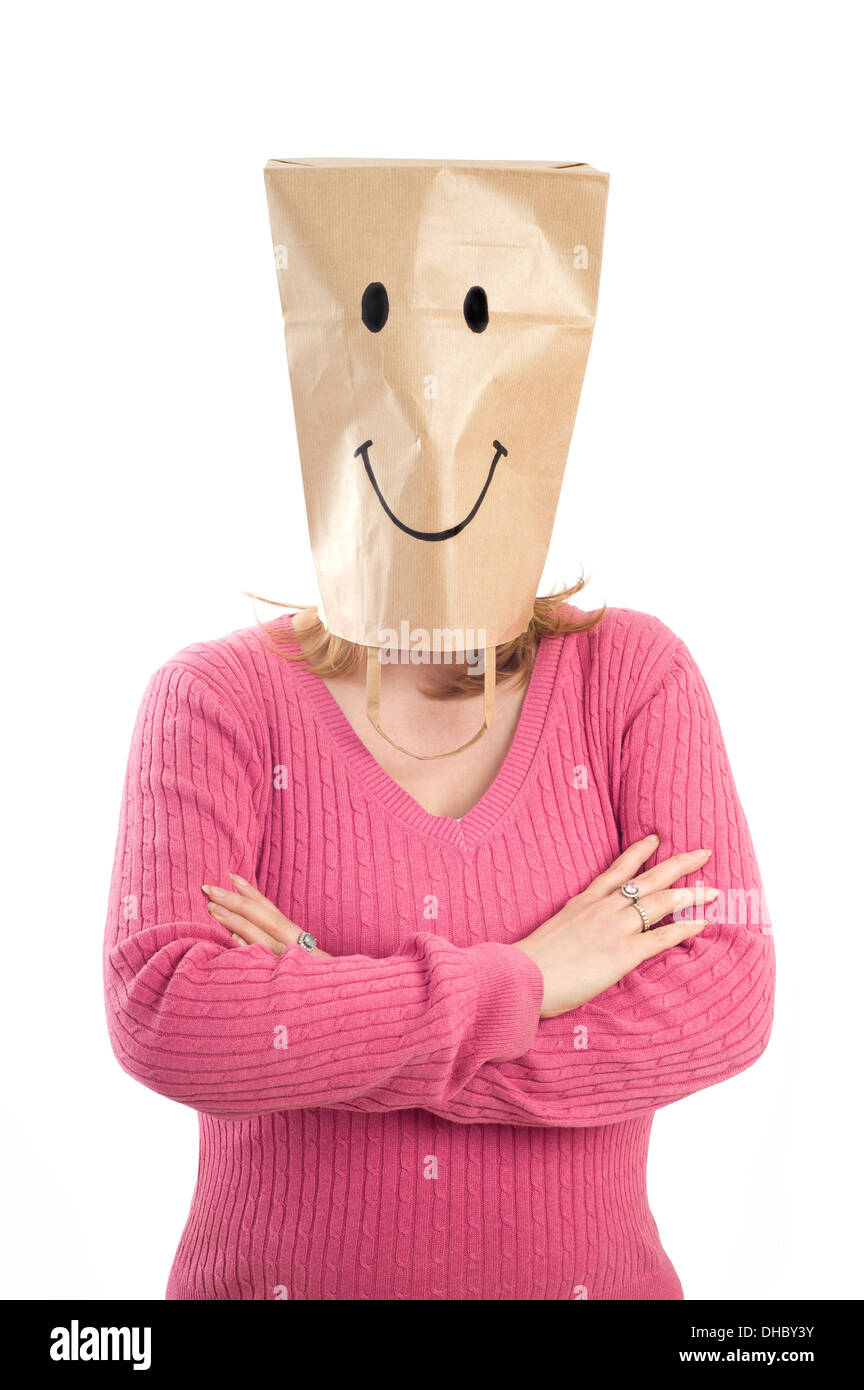 woman with a bag on her head, a smile drawn on it Stock Photo Alamy