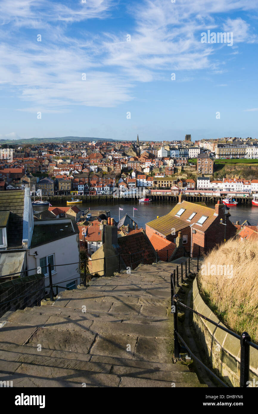 View over Whitby from 199 steps. Whitby, North Yorkshire, England, UK Stock Photo