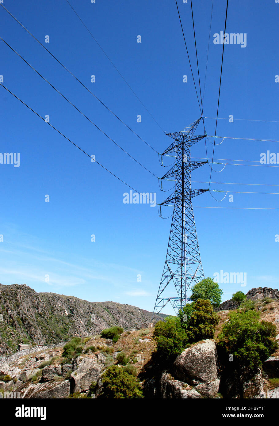 High voltage tower under blue sky and some green plants Stock Photo - Alamy