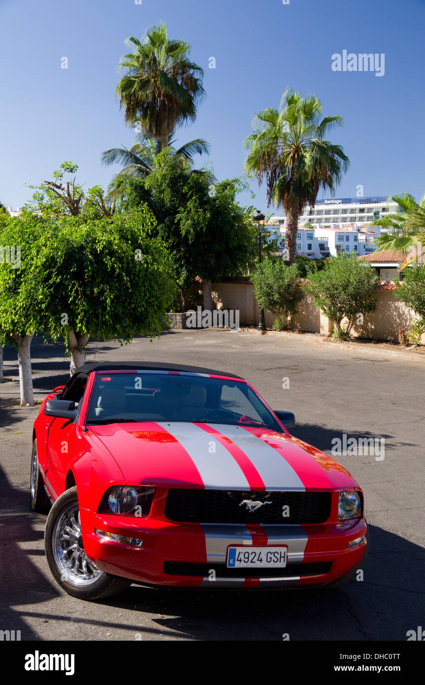 Ford Mustang car in sunny climate, Puerto de Santiago, Tenerife, Canary Islands, Spain. Stock Photo