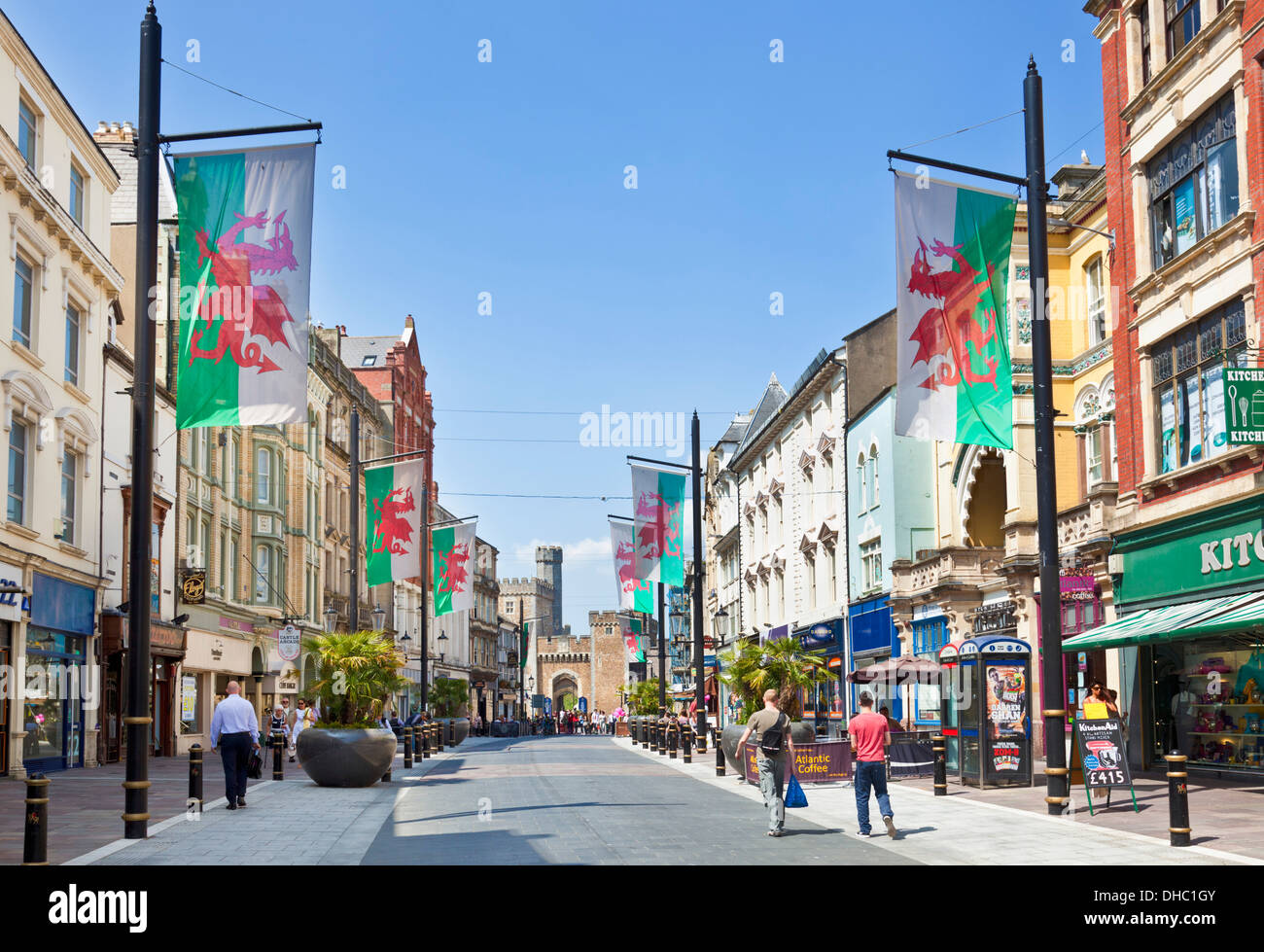 people in Cardiff city centre walking up High Street towards the castle South Glamorgan South Wales UK GB Europe Stock Photo
