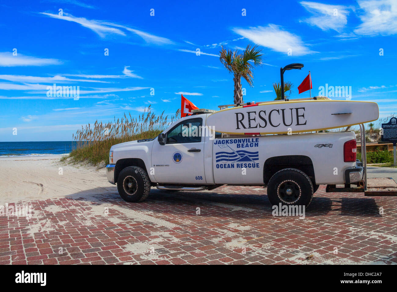 An ocean rescue truck at the ready beside the American Red Cross Volunteer Station, Jacksonville Beach, Florida. Stock Photo