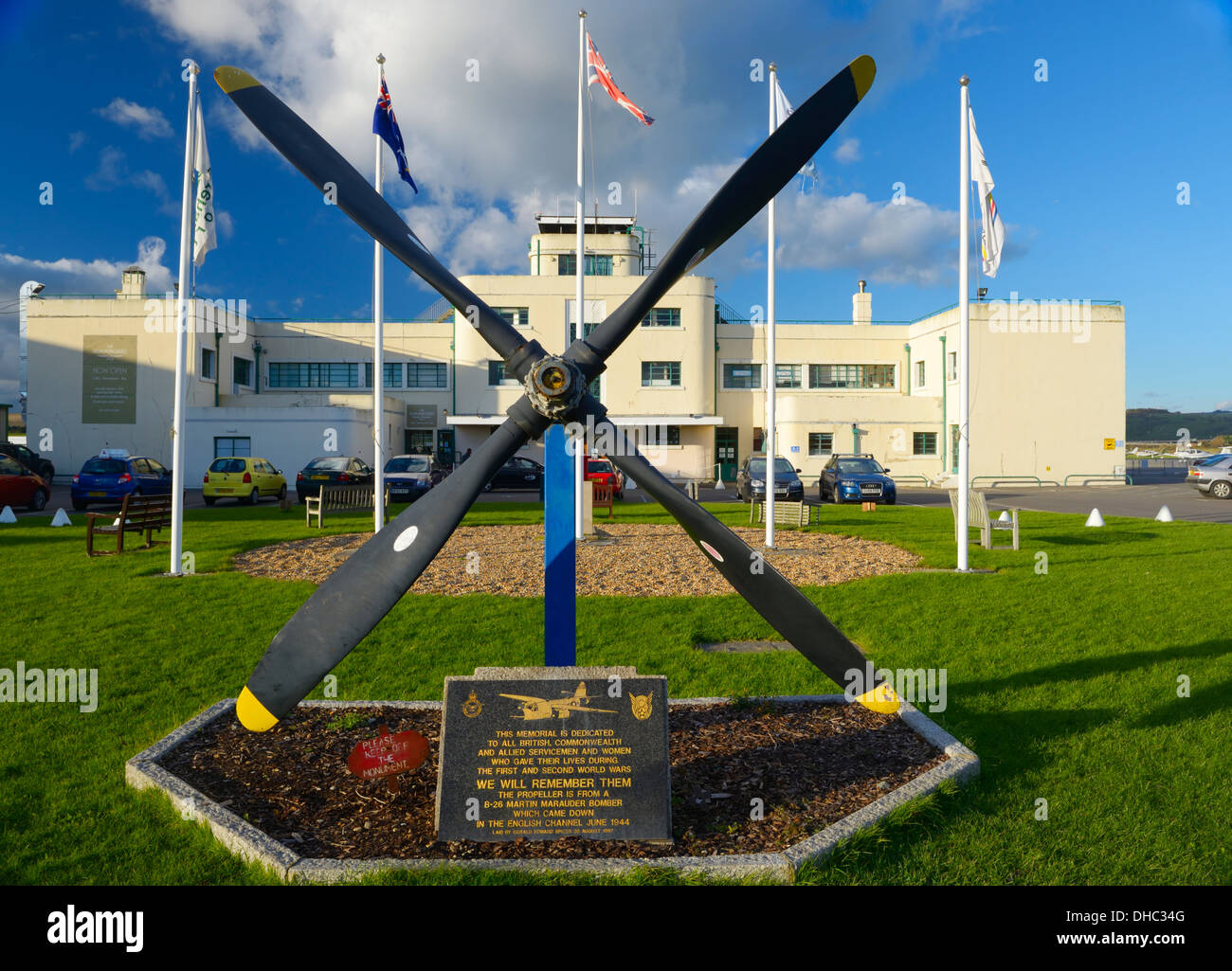 The Art Deco terminal building at Shoreham airport with memorial to British, Commonwealth and Allied airmen , West Sussex, UK Stock Photo