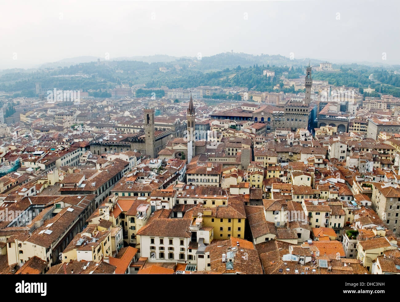 Florence panoramic view and The Palazzo Vecchio in the distance from The Campanile. Florence, Italy Stock Photo