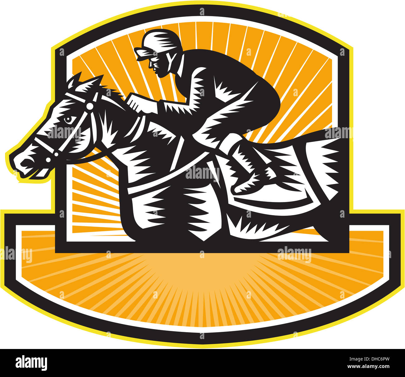 Illustration of a horse and jockey thoroughbred racing viewed from side set inside shield crest on isolated white background done in retro woodcut style. Stock Photo