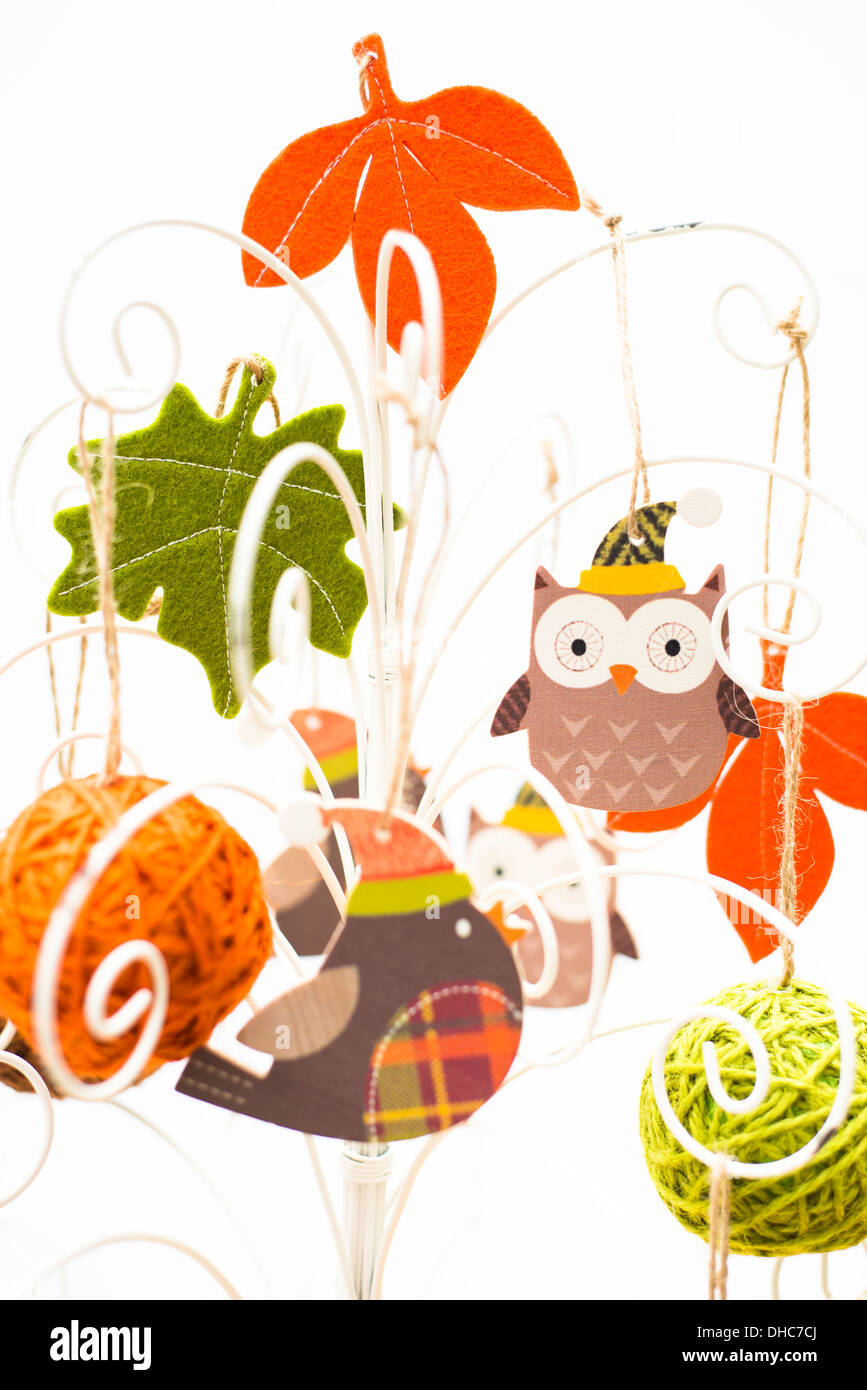Crafty Christmas tree with cute folk art decorations Stock Photo