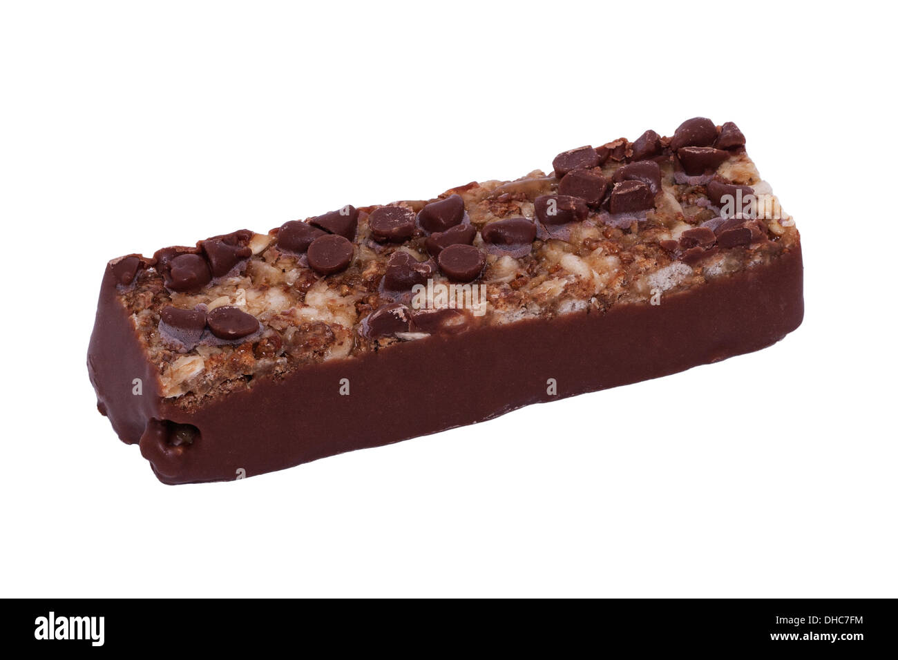 A choc chip cereal bar on a white background Stock Photo