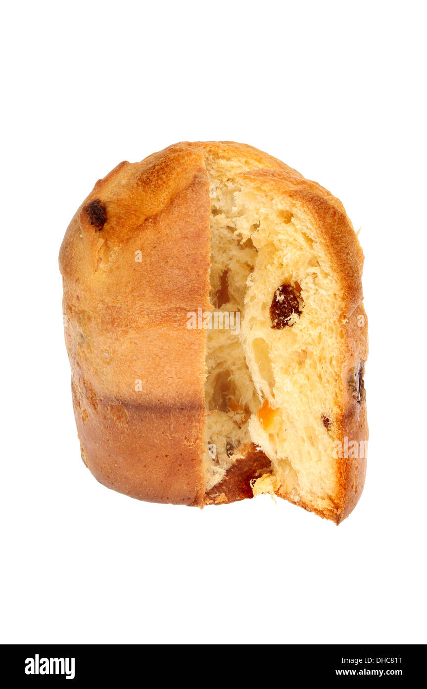Panettone with a slice cut out isolated against white Stock Photo
