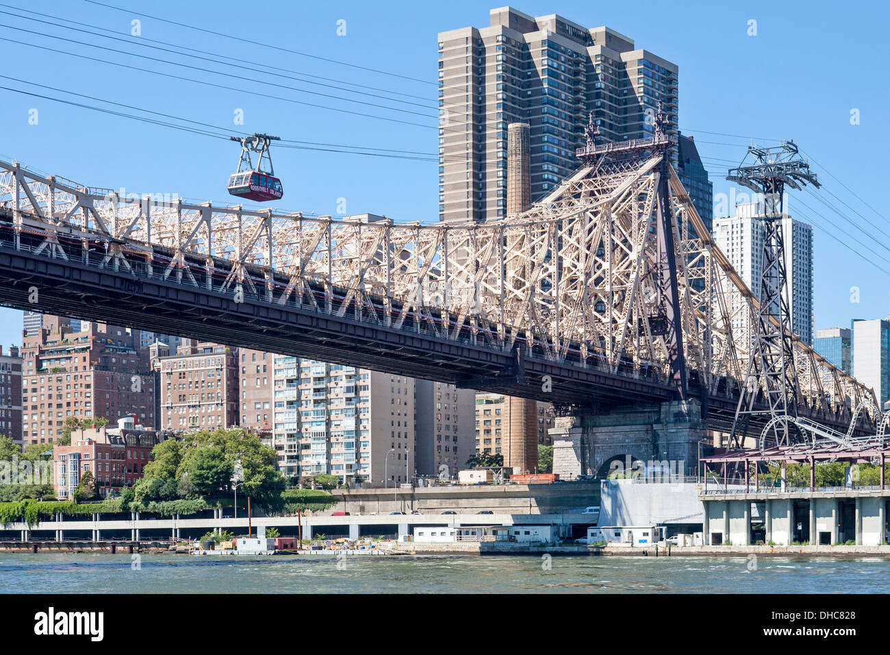 A view of the 59th Street Bridge connecting Roosevelt Island to Manhattan, New York City and the
