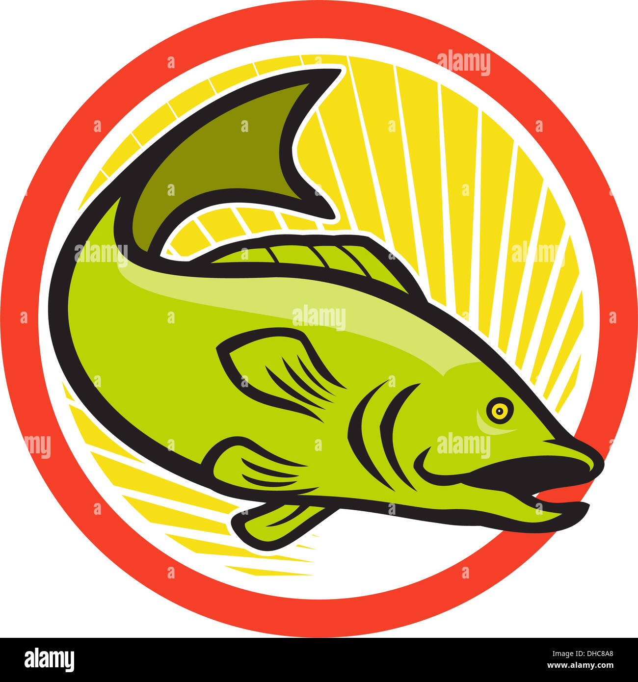 Illustration of a largemouth bass fish jumping done in cartoon style on  isolated white background set inside circle Stock Photo - Alamy