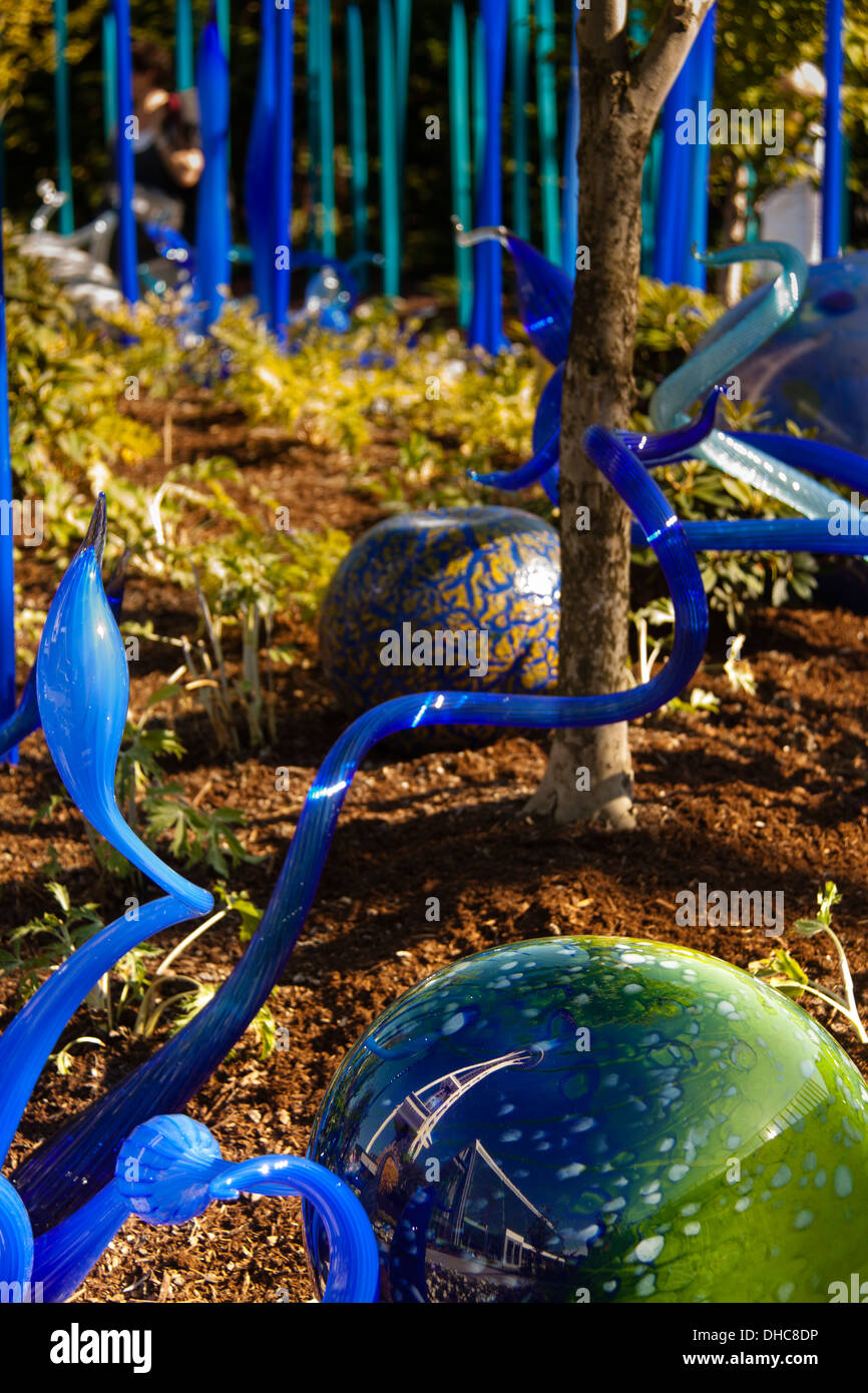 Seattle Space Needle reflected in blown glass at Chihuly Garden and