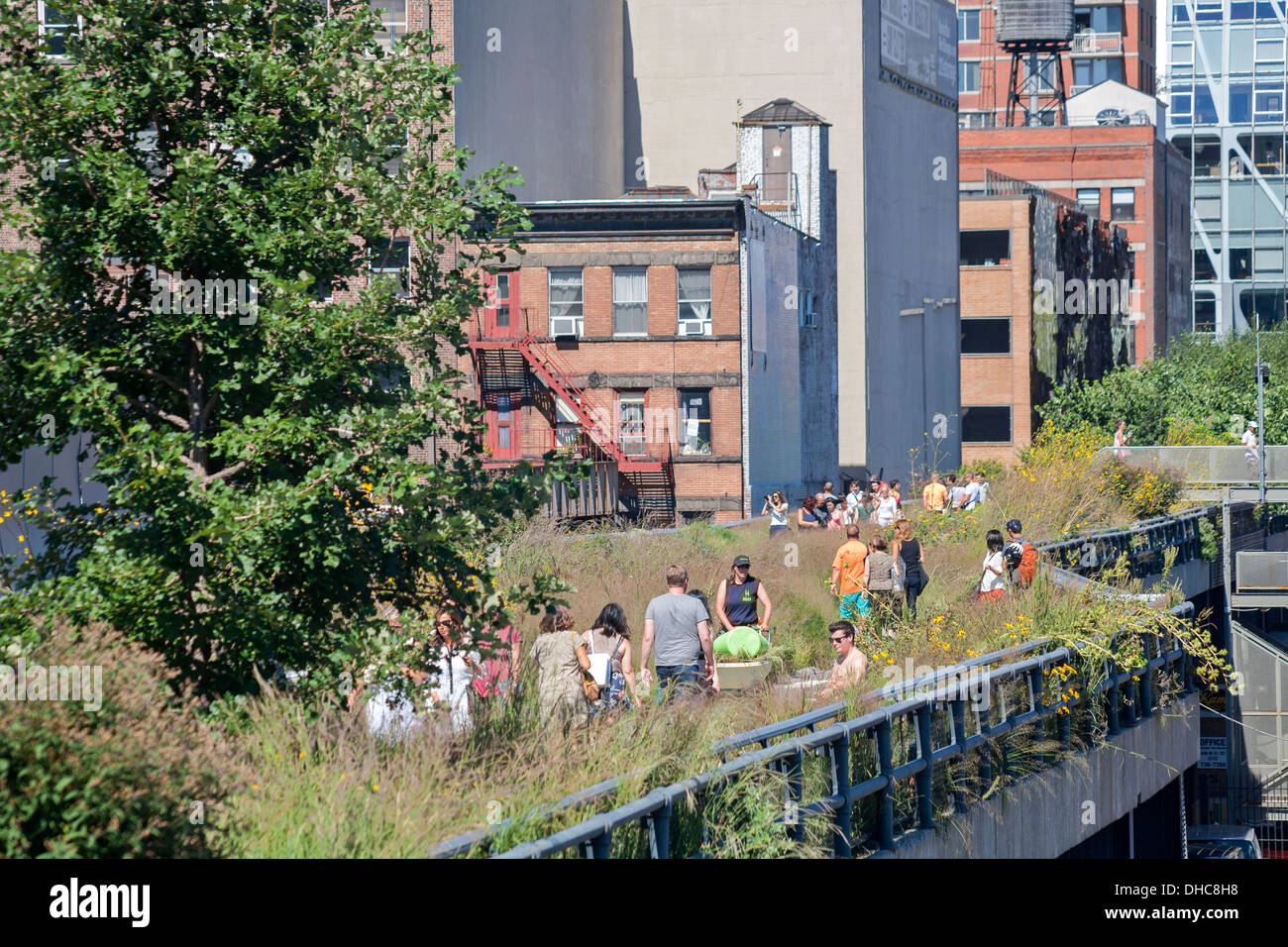 Pedestrians walking along the High LIne Park in Manhattan, New York ...