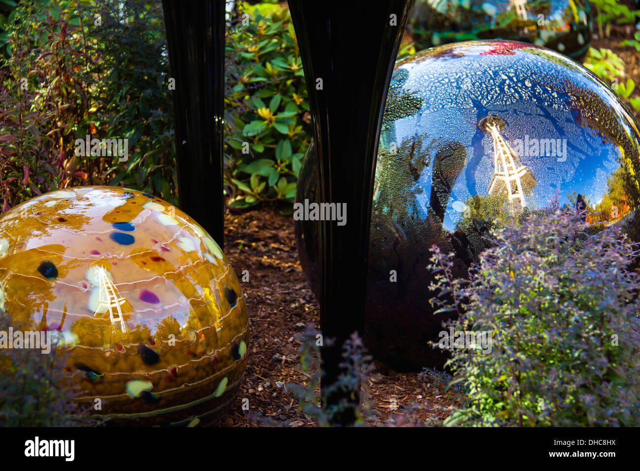 Seattle Space Needle reflected in blown glass at Chihuly Garden and