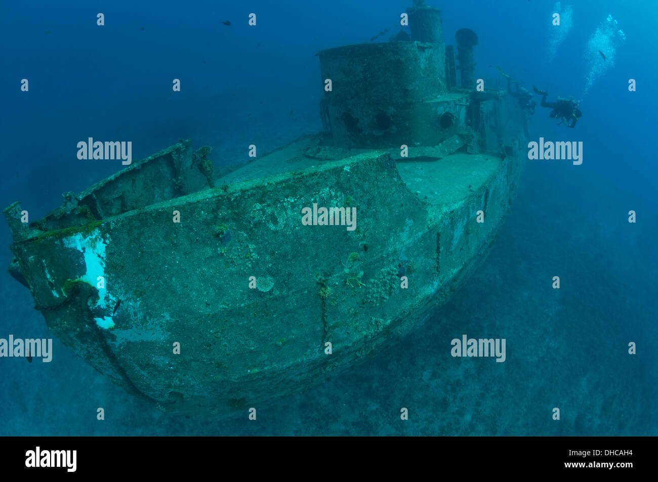 Scuba divers explore the wreck Rapopo near Rabaul, Papua New Guinea ...