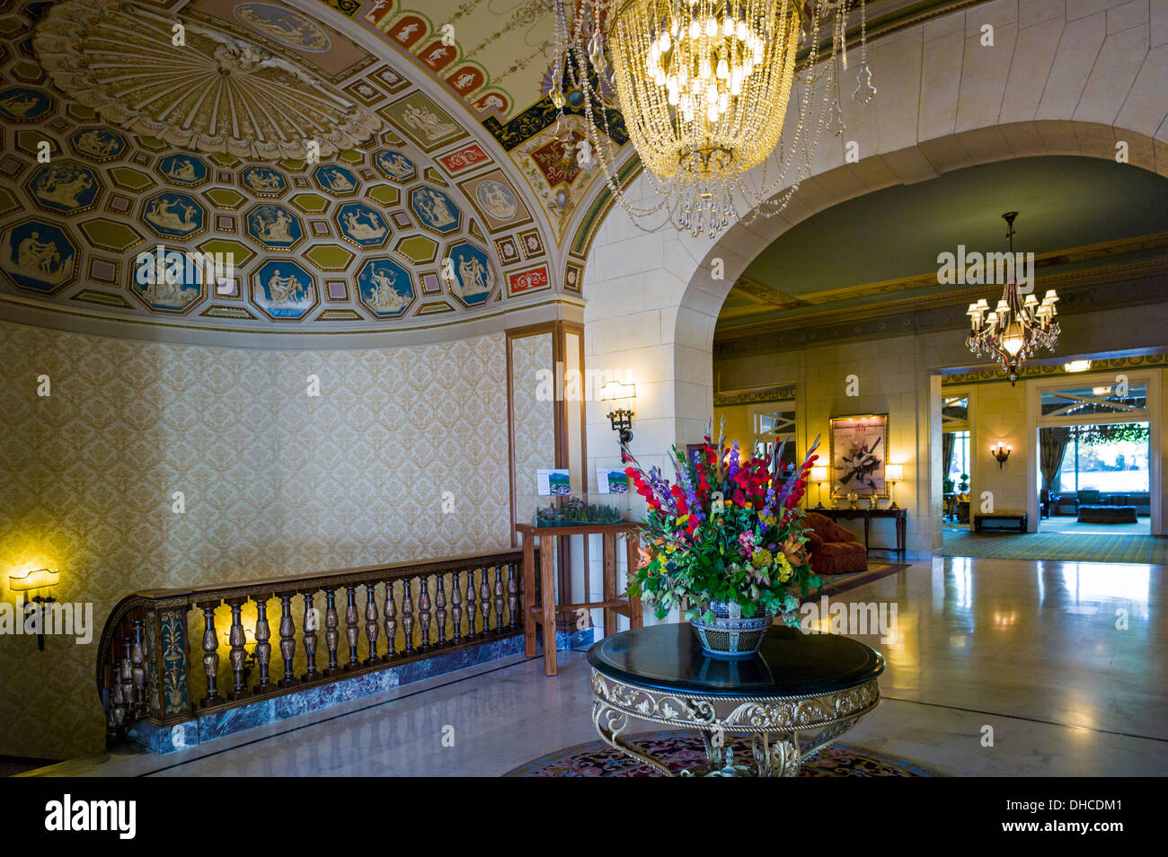 Elaborate chandelier and interior view of The Broadmoor, historic luxury hotel and resort, Colorado Springs, Colorado, USA Stock Photo