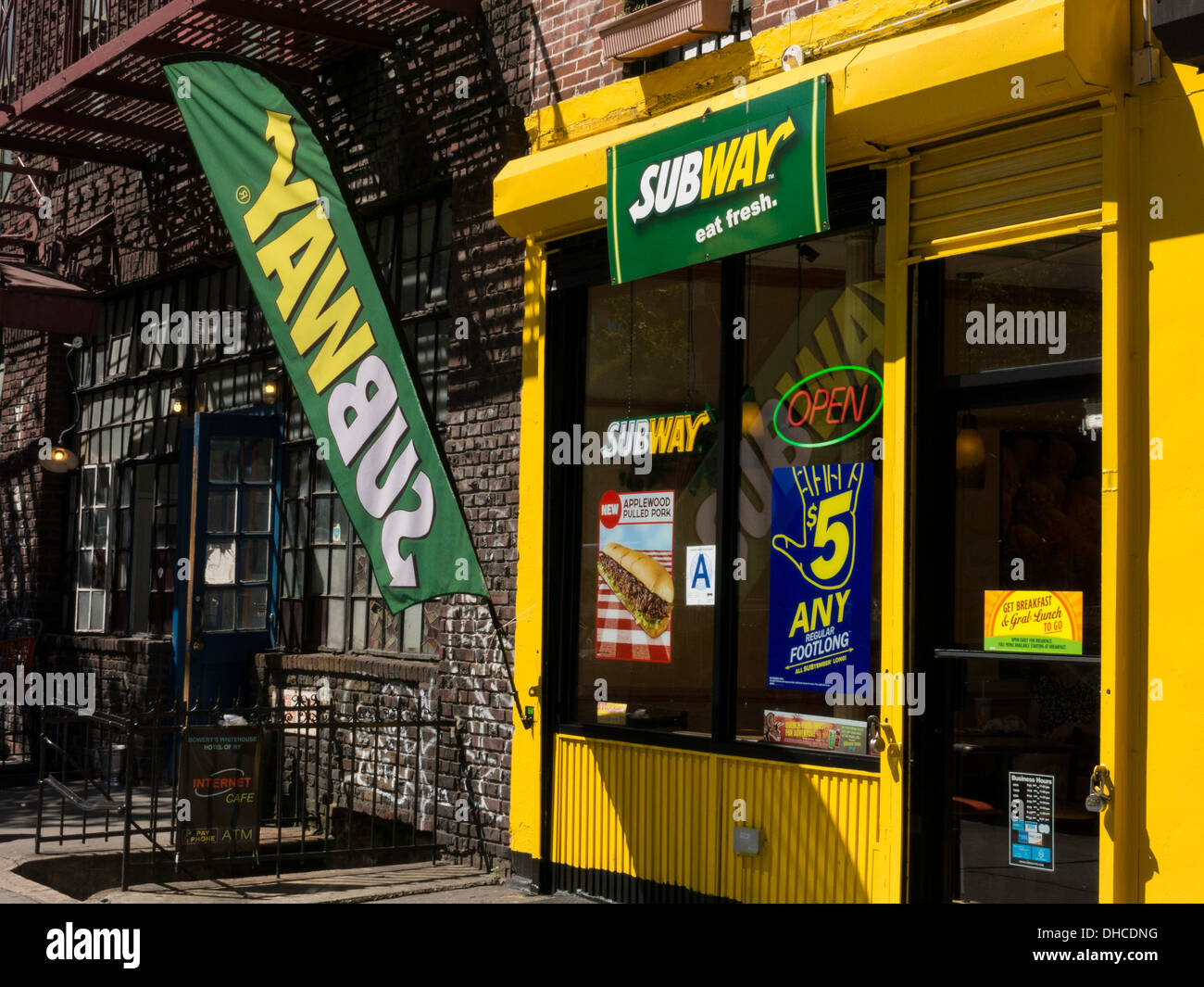 Subway Fast Food Restaurant Exterior and Advertising Banner, NYC Stock Photo