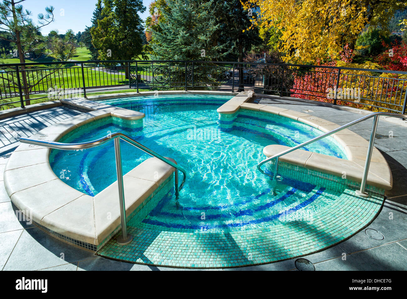 Circular tile hot tub, The Broodmoor, historic luxury hotel and resort, Colorado Springs, Colorado, USA Stock Photo