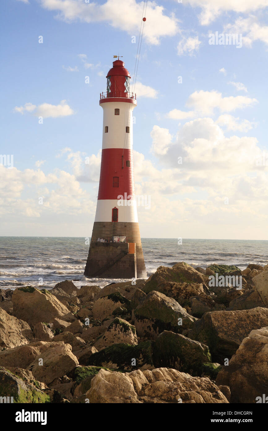 Beachy Head Lighthouse after recent repainting Stock Photo