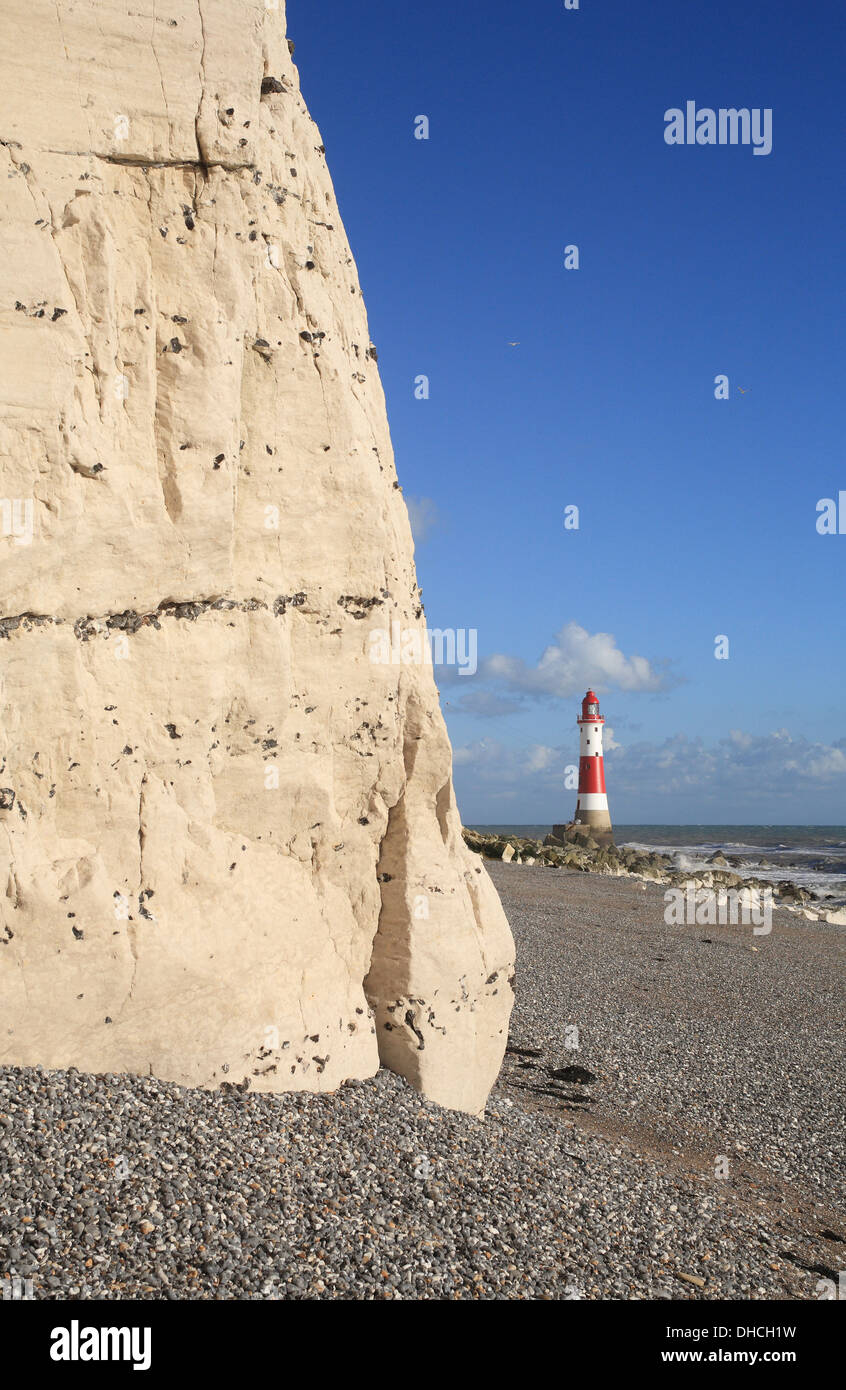 Beachy Head Cliffs and Lighthouse after recent repainting Stock Photo