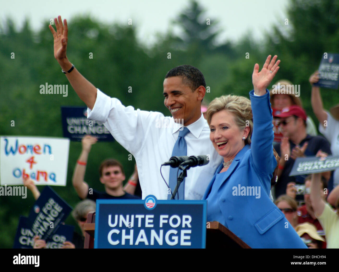 Barack Obama and Hillary Cllinton campaign together at an Obama rally in Unity, New Hampshire, on June 27, 2008. Stock Photo