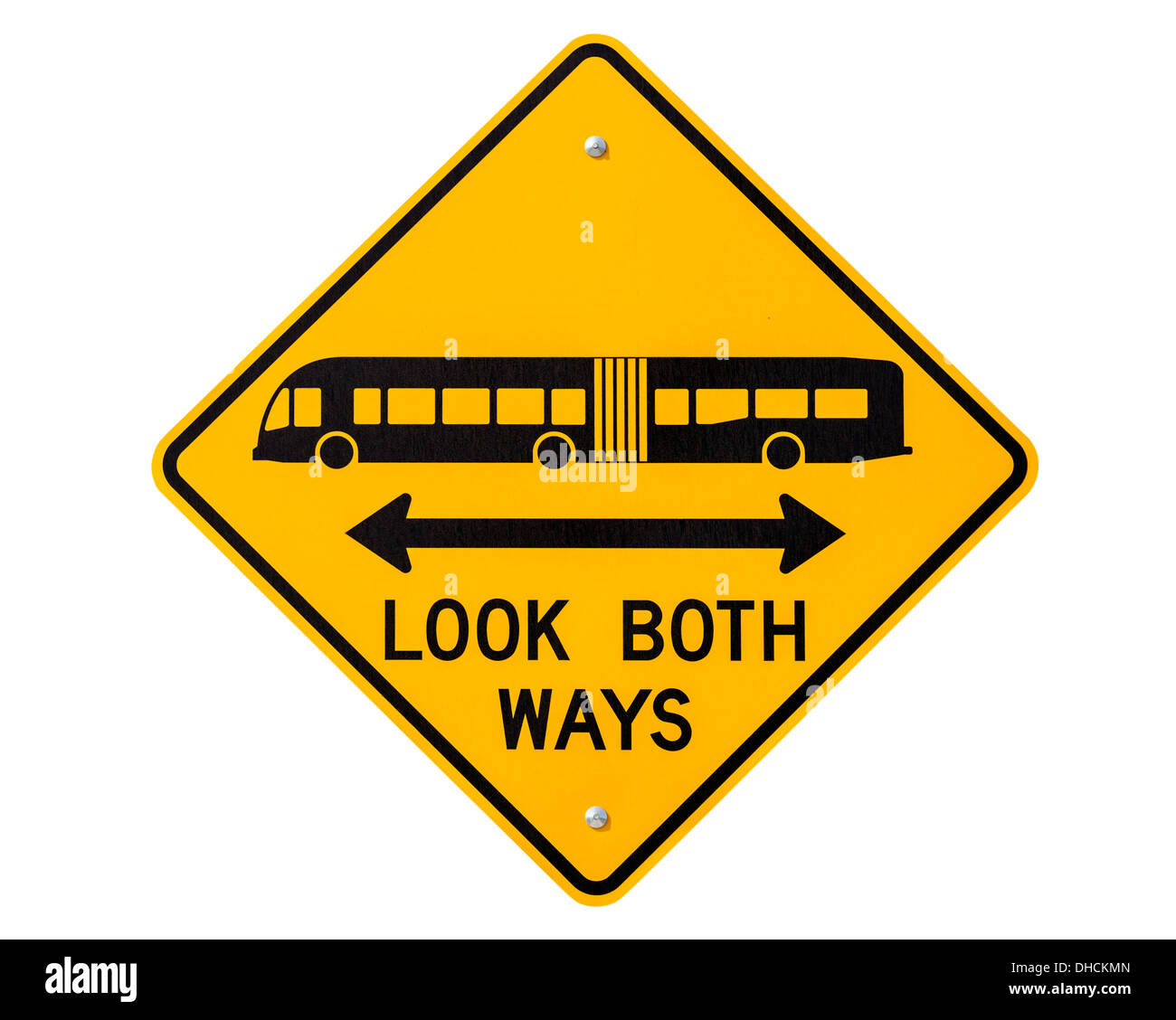 Look both ways bus and tram warning sign isolated with clipping path.. Stock Photo