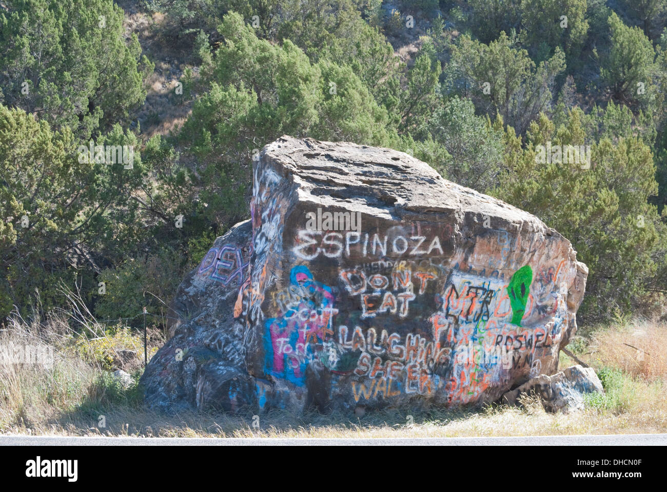 One rock on Highway 380 near Lincoln, New Mexico is covered with