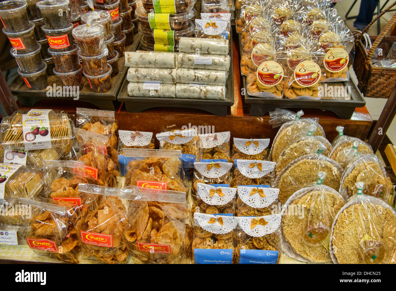 home made durian snacks and other local specialties, Chanthaburi, Thailand Stock Photo