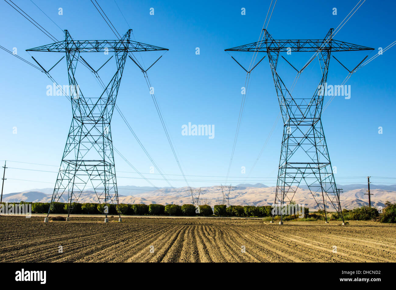 Electrical transmission towers in a field. Central California, United