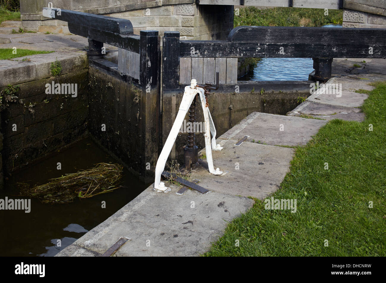 Unusual lock gear on Chicken lock on Leeds & Liverpool Canal, Rufford branch Stock Photo