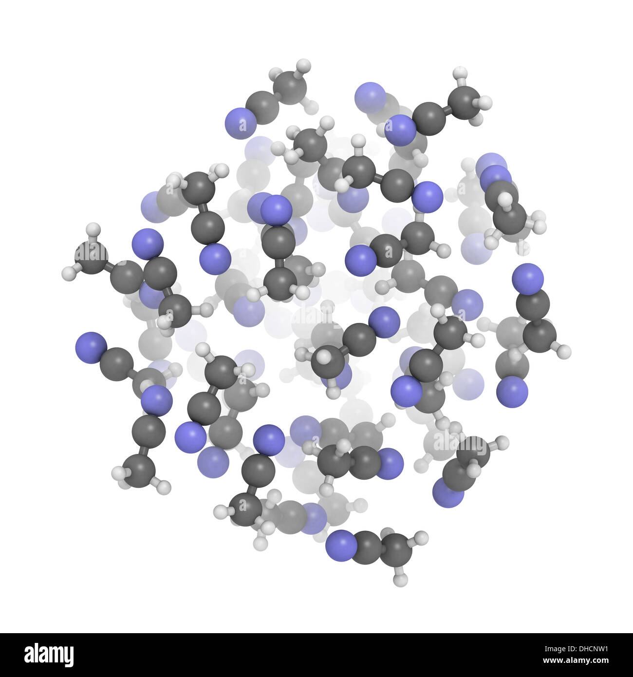 Acetonitrile (CH3CN, ACN) molecules, liquid sphere model. Commonly used solvent. Stock Photo